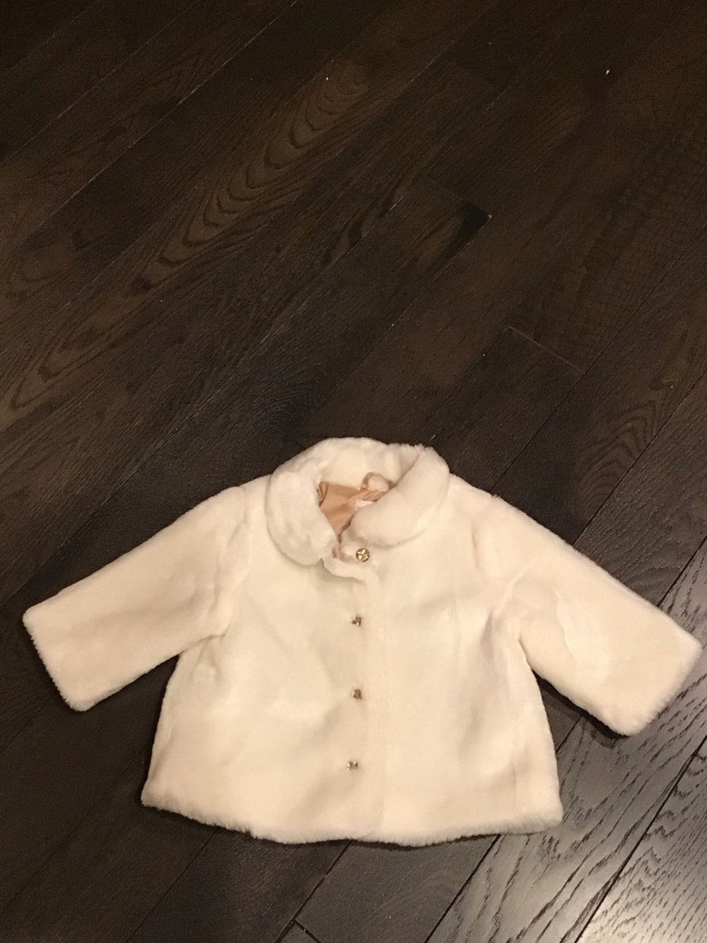 Janie and Jack Ivory Faux Fur Coat with Gold Buttons. Size 6 to 12 months.